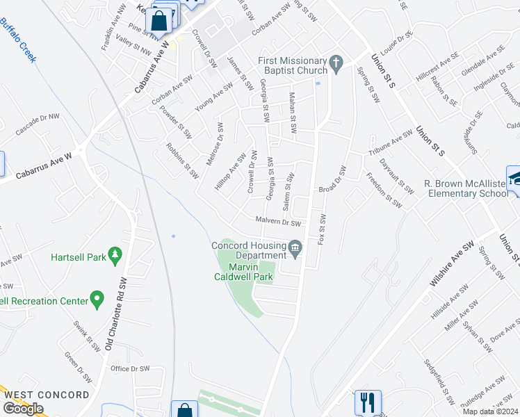 map of restaurants, bars, coffee shops, grocery stores, and more near 270 Georgia Street Southwest in Concord