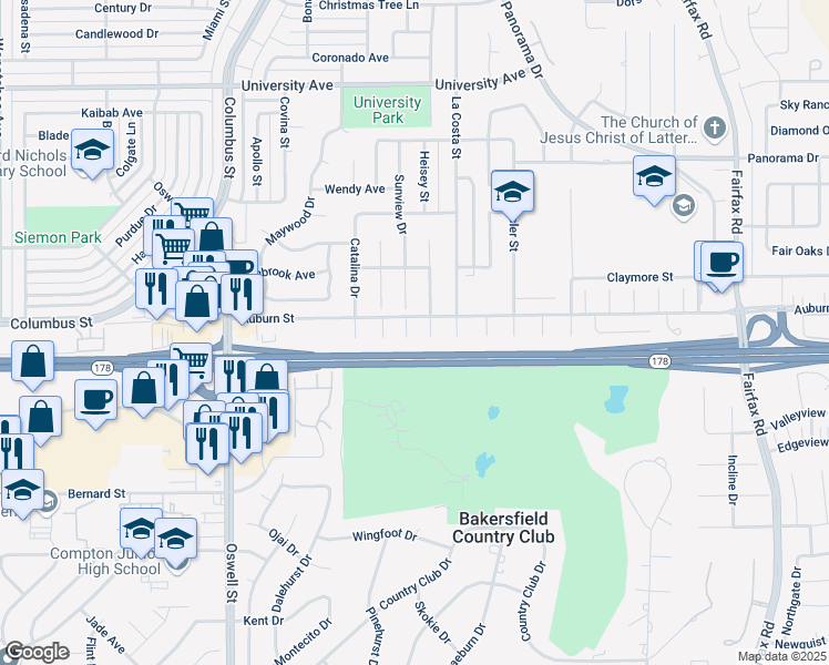 map of restaurants, bars, coffee shops, grocery stores, and more near 2605 Loch Ness Court in Bakersfield