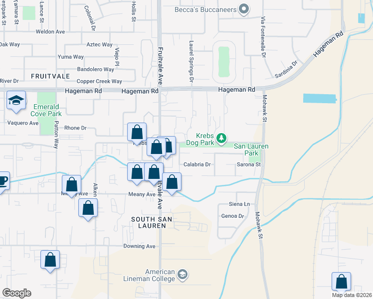 map of restaurants, bars, coffee shops, grocery stores, and more near 6200 Padua Court in Bakersfield