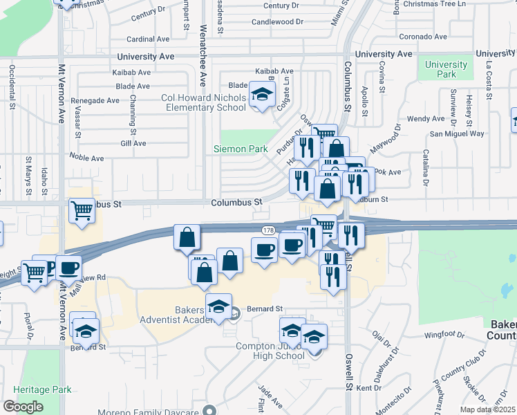 map of restaurants, bars, coffee shops, grocery stores, and more near 3301 Columbus Street in Bakersfield