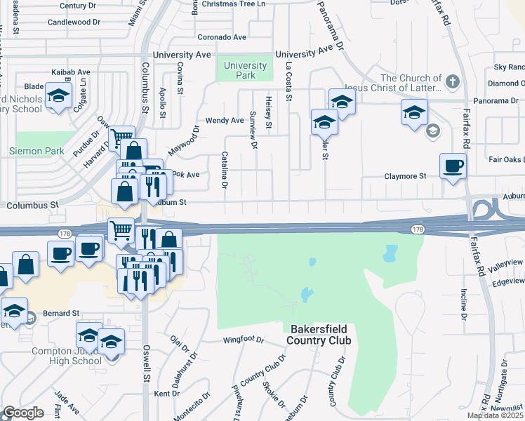 map of restaurants, bars, coffee shops, grocery stores, and more near 2605 Loch Ness Court in Bakersfield