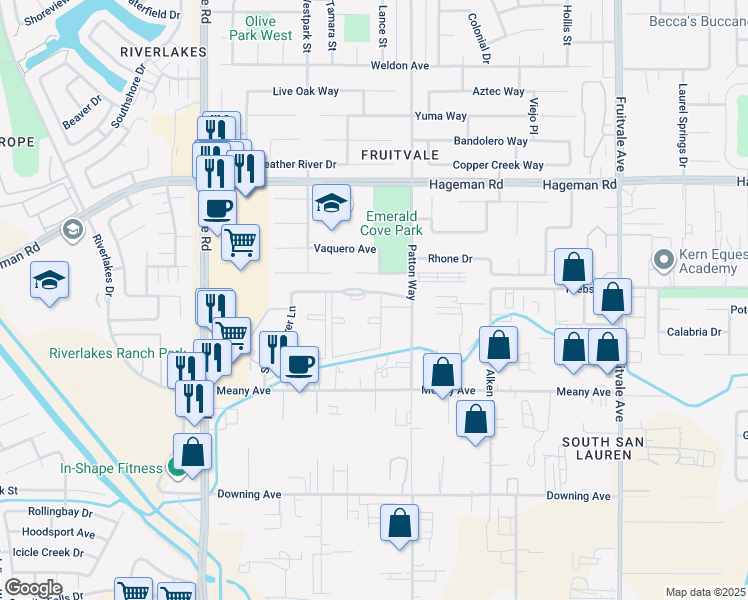 map of restaurants, bars, coffee shops, grocery stores, and more near 2 Scarlet River Drive in Bakersfield
