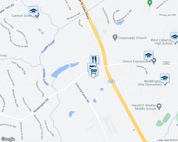 map of restaurants, bars, coffee shops, grocery stores, and more near 5020 Weddington Road Northwest in Concord