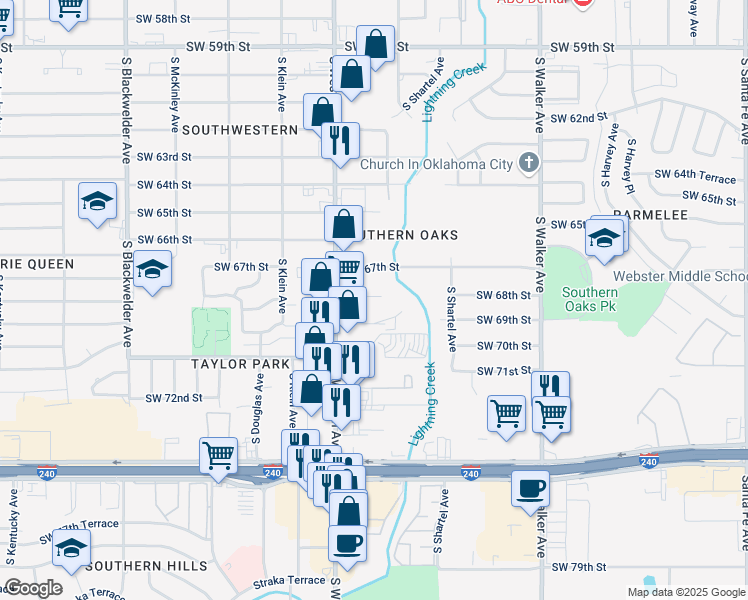 map of restaurants, bars, coffee shops, grocery stores, and more near 804 Southwest 68th Street in Oklahoma City