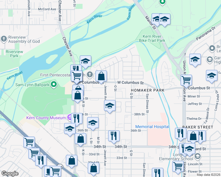 map of restaurants, bars, coffee shops, grocery stores, and more near 4023 O Street in Bakersfield