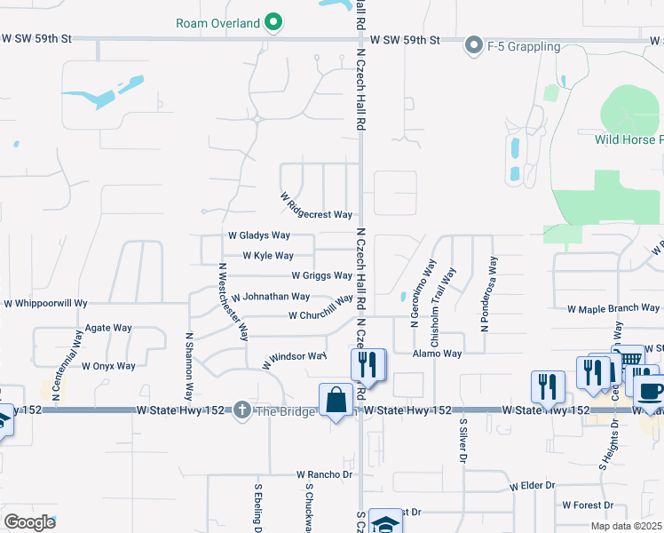 map of restaurants, bars, coffee shops, grocery stores, and more near 942 West Griggs Way in Mustang