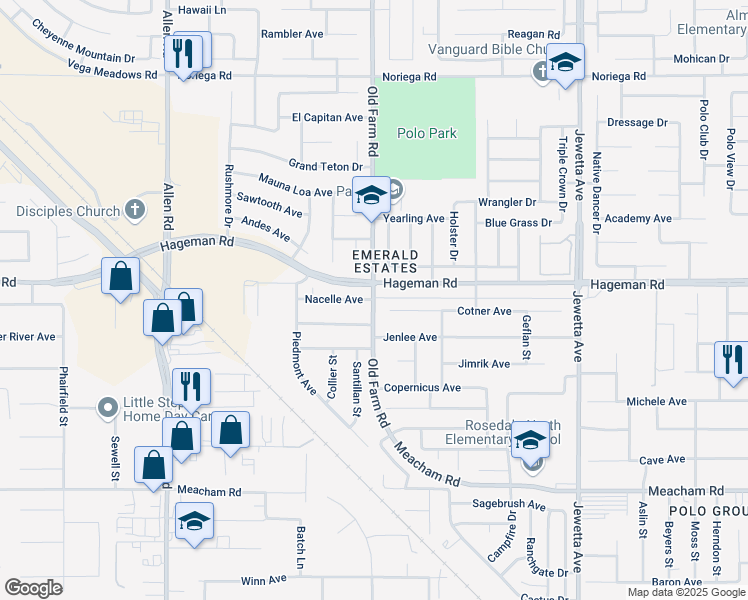 map of restaurants, bars, coffee shops, grocery stores, and more near 4410 Old Farm Road in Bakersfield