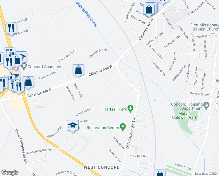 map of restaurants, bars, coffee shops, grocery stores, and more near 491 Liberty Drive Southwest in Concord