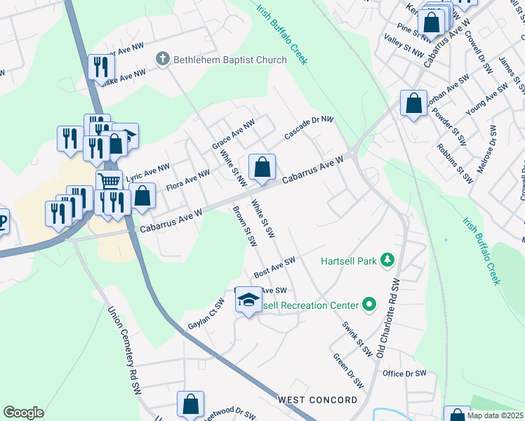 map of restaurants, bars, coffee shops, grocery stores, and more near 27 White Street Southwest in Concord