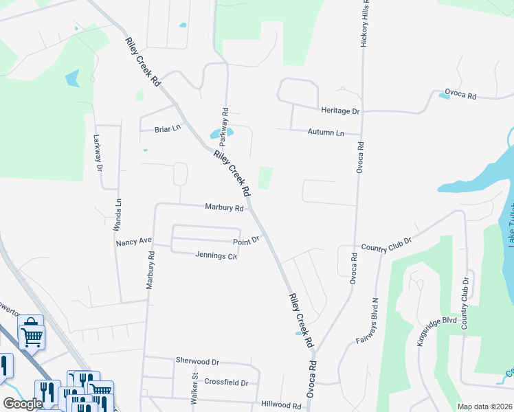 map of restaurants, bars, coffee shops, grocery stores, and more near 200 Riley Creek Road in Tullahoma