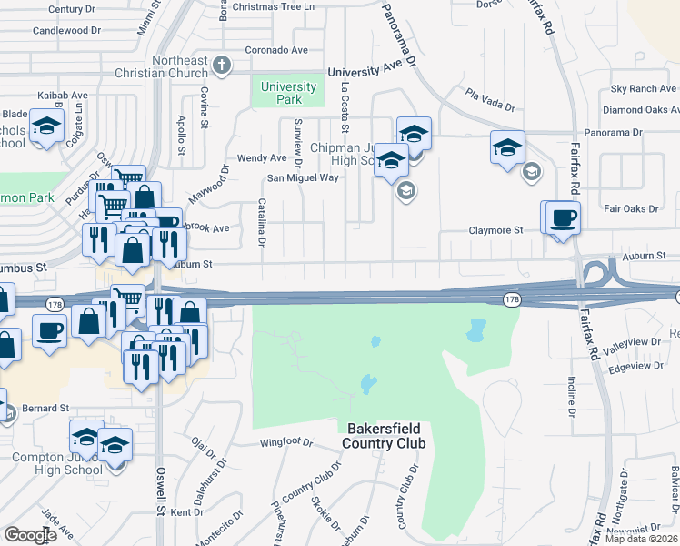 map of restaurants, bars, coffee shops, grocery stores, and more near 2600 La Costa Court in Bakersfield