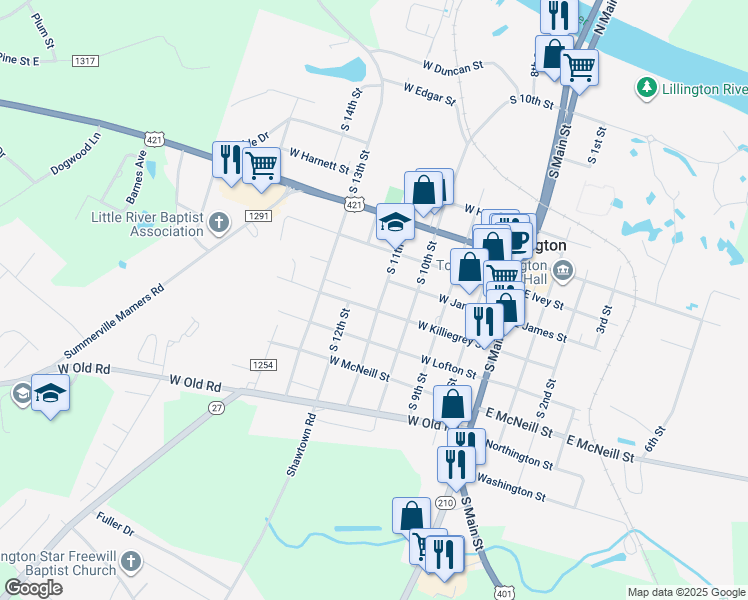 map of restaurants, bars, coffee shops, grocery stores, and more near in Lillington