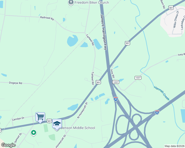 map of restaurants, bars, coffee shops, grocery stores, and more near 11754 U.S. 301 in Benson