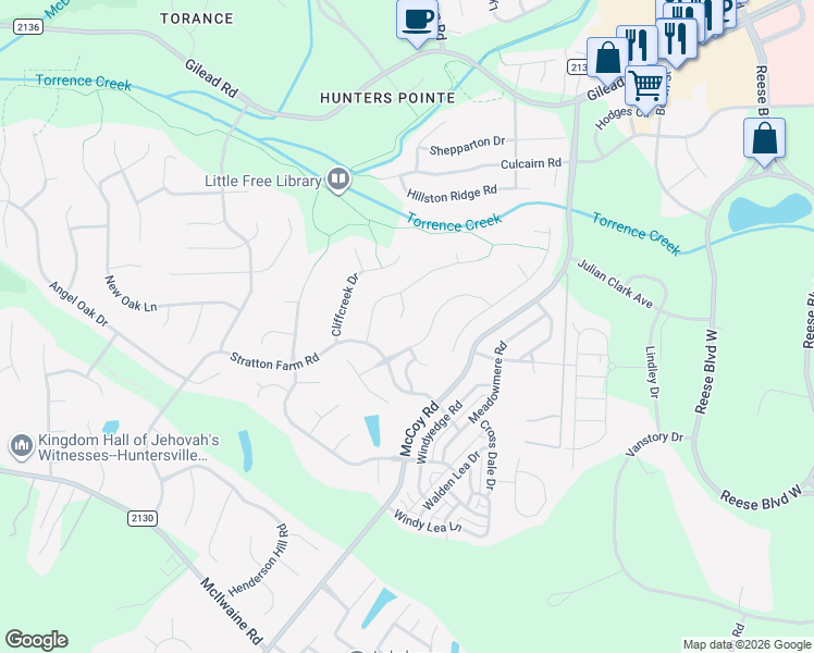 map of restaurants, bars, coffee shops, grocery stores, and more near 12601 Cedar Fall Drive in Huntersville