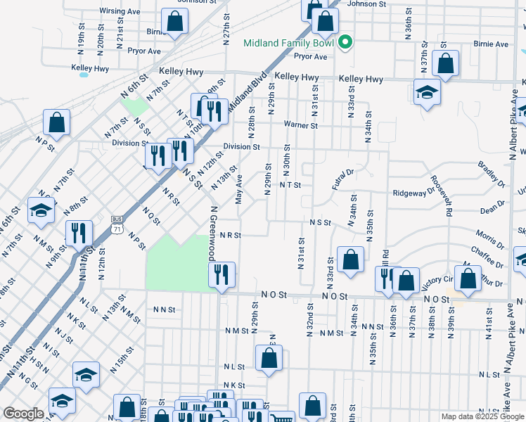 map of restaurants, bars, coffee shops, grocery stores, and more near 1918 North May Avenue in Fort Smith