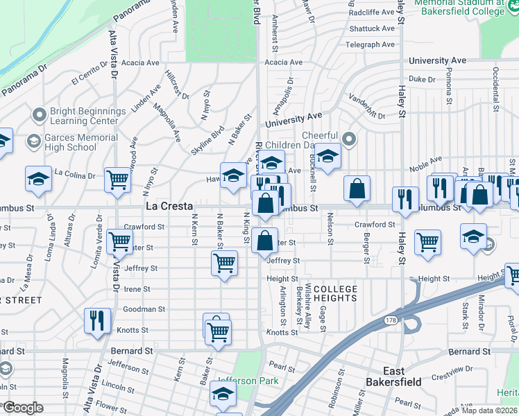map of restaurants, bars, coffee shops, grocery stores, and more near 901 Columbus Street in Bakersfield