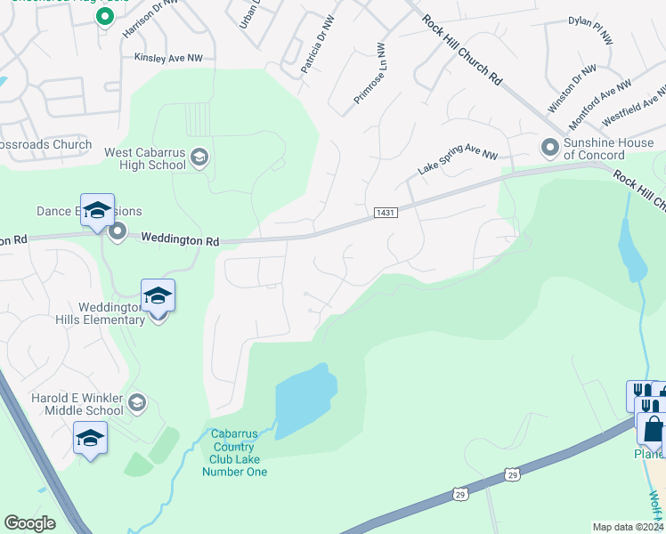 map of restaurants, bars, coffee shops, grocery stores, and more near 1176 Asheford Green Avenue Northwest in Concord