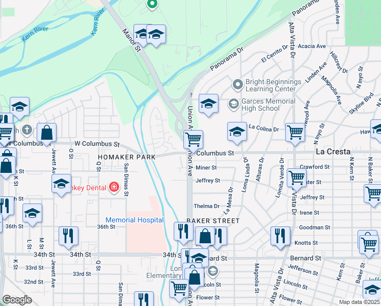 map of restaurants, bars, coffee shops, grocery stores, and more near 2 Columbus Street in Bakersfield