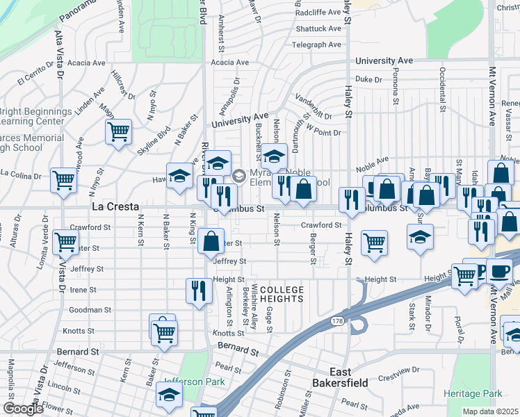 map of restaurants, bars, coffee shops, grocery stores, and more near Columbus Street & Bucknell Street in Bakersfield