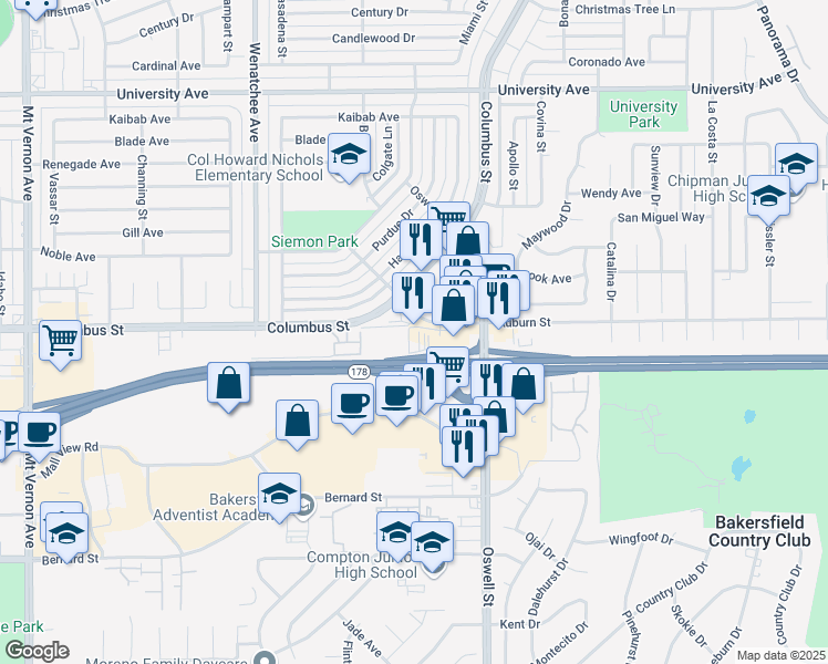 map of restaurants, bars, coffee shops, grocery stores, and more near 3601 Auburn Street in Bakersfield