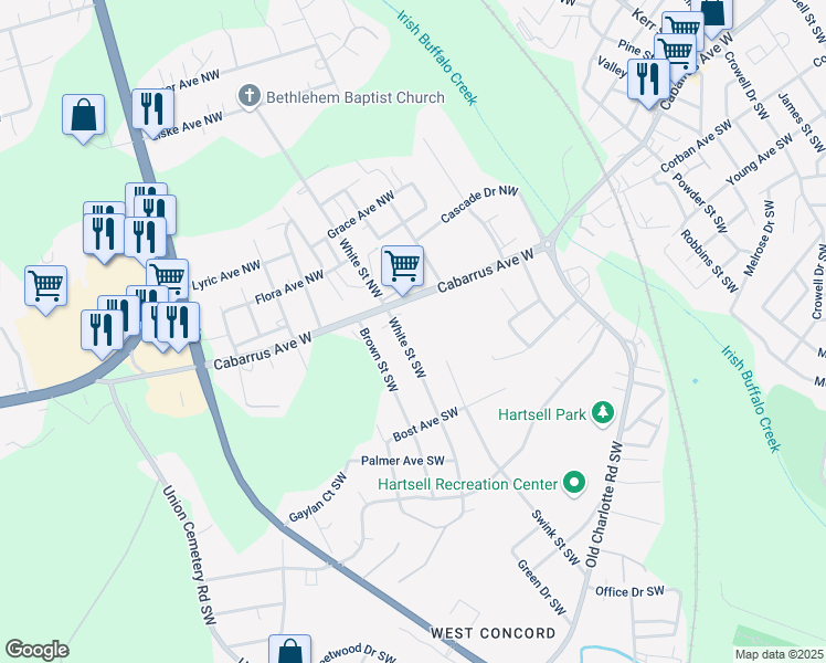 map of restaurants, bars, coffee shops, grocery stores, and more near 27 White Street Southwest in Concord
