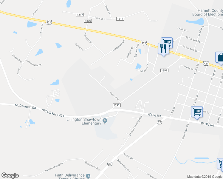 map of restaurants, bars, coffee shops, grocery stores, and more near 106 Womble Drive in Lillington