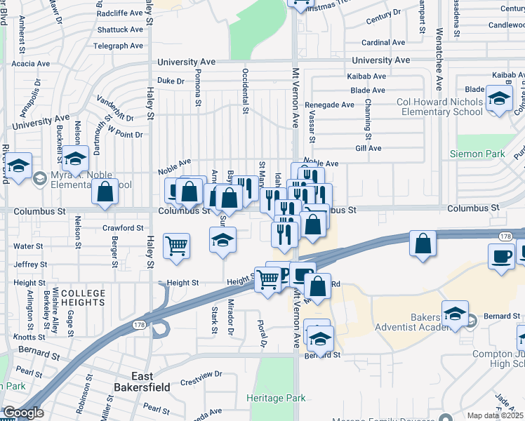 map of restaurants, bars, coffee shops, grocery stores, and more near 2101 Columbus Street in Bakersfield