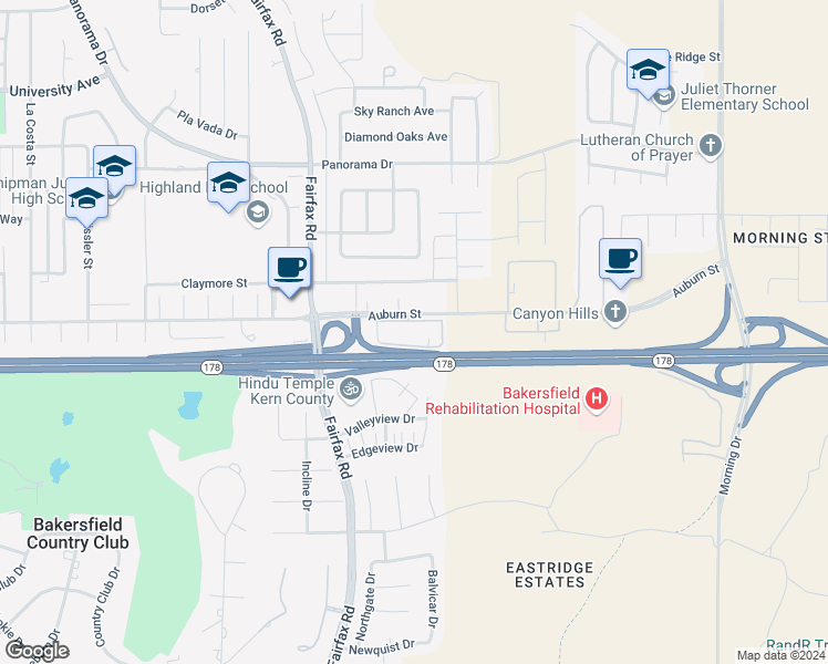 map of restaurants, bars, coffee shops, grocery stores, and more near 6001 Auburn Street in Bakersfield