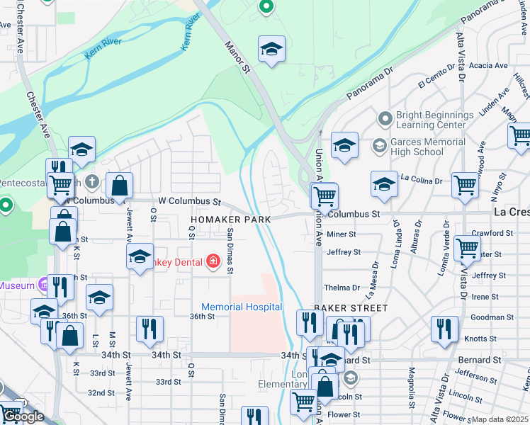 map of restaurants, bars, coffee shops, grocery stores, and more near 401 West Columbus Street in Bakersfield