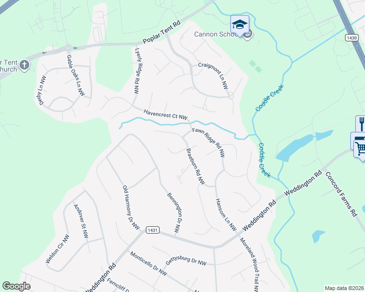 map of restaurants, bars, coffee shops, grocery stores, and more near 5930 Rathlin Court Northwest in Concord