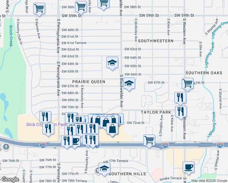 map of restaurants, bars, coffee shops, grocery stores, and more near 1324 Southwest 68th Street in Oklahoma City