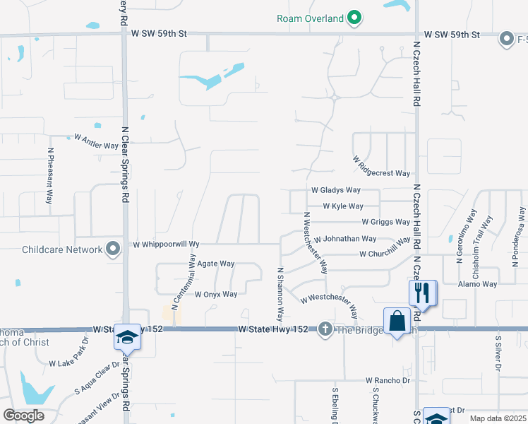 map of restaurants, bars, coffee shops, grocery stores, and more near 591 North Robin Way in Mustang