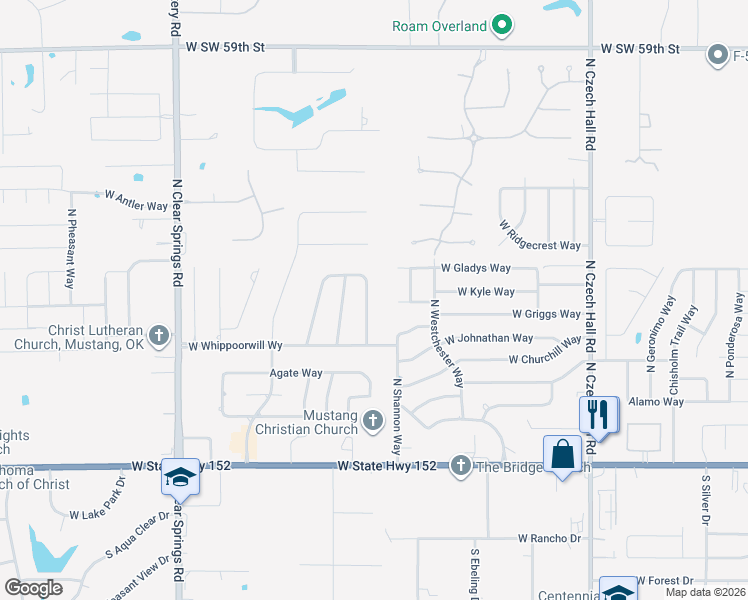 map of restaurants, bars, coffee shops, grocery stores, and more near 591 North Robin Way in Mustang