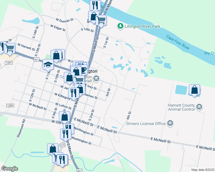 map of restaurants, bars, coffee shops, grocery stores, and more near 208 East Front Street in Lillington