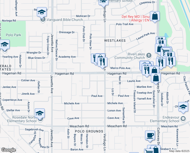 map of restaurants, bars, coffee shops, grocery stores, and more near 4100 Shawn Street in Bakersfield