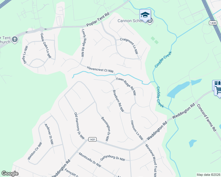 map of restaurants, bars, coffee shops, grocery stores, and more near 5930 Rathlin Court Northwest in Concord
