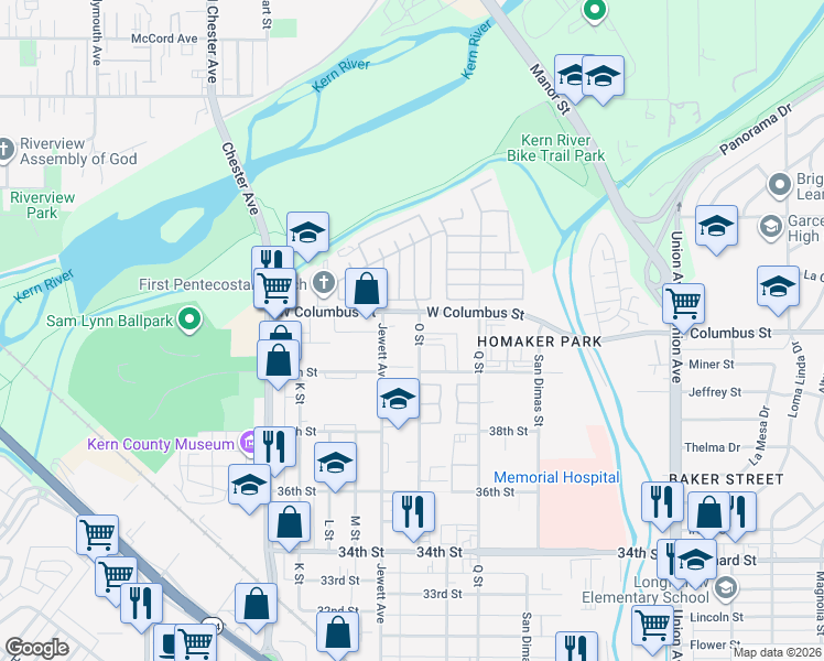 map of restaurants, bars, coffee shops, grocery stores, and more near 4023 O Street in Bakersfield