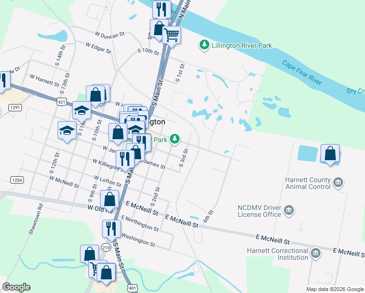map of restaurants, bars, coffee shops, grocery stores, and more near 208 East Front Street in Lillington