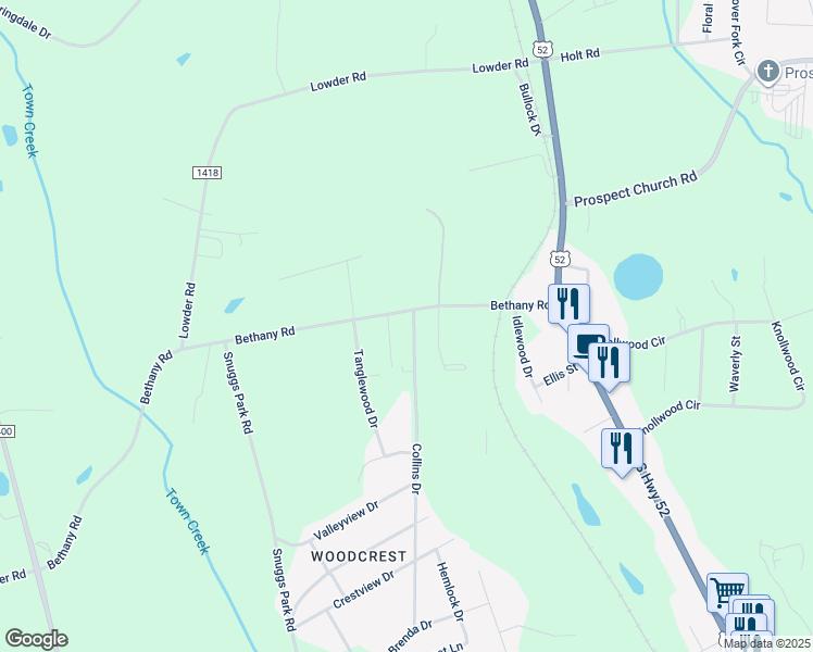 map of restaurants, bars, coffee shops, grocery stores, and more near 2417 Collins Drive in Albemarle