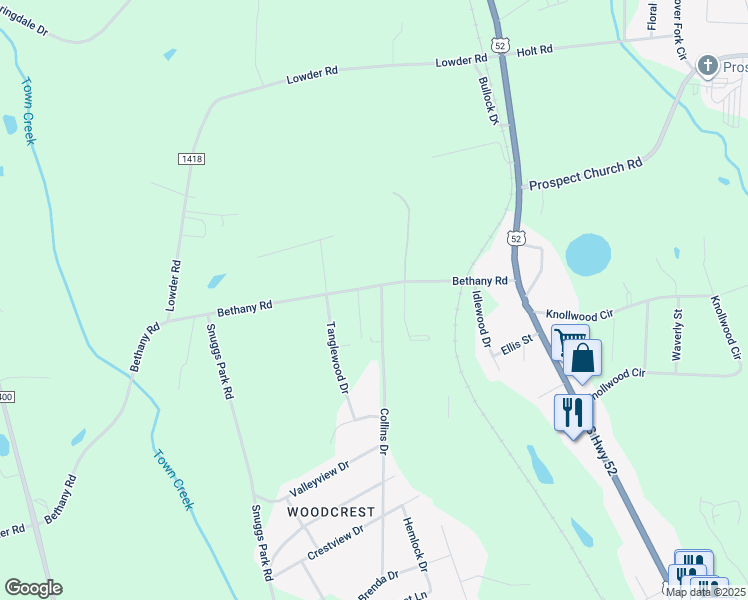 map of restaurants, bars, coffee shops, grocery stores, and more near 2417 Collins Drive in Albemarle