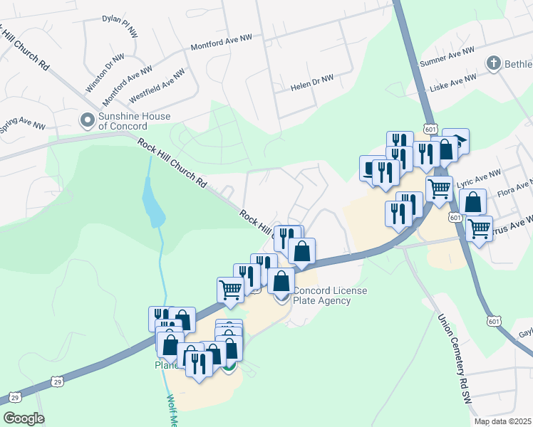 map of restaurants, bars, coffee shops, grocery stores, and more near 2452 Rock Hill Church Road in Concord
