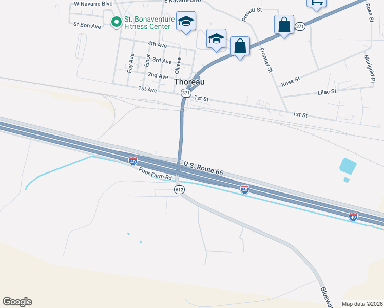 map of restaurants, bars, coffee shops, grocery stores, and more near Frontage Road in Thoreau