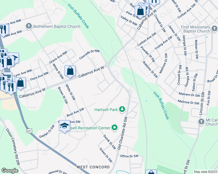 map of restaurants, bars, coffee shops, grocery stores, and more near 8 Meadowview Avenue Southwest in Concord
