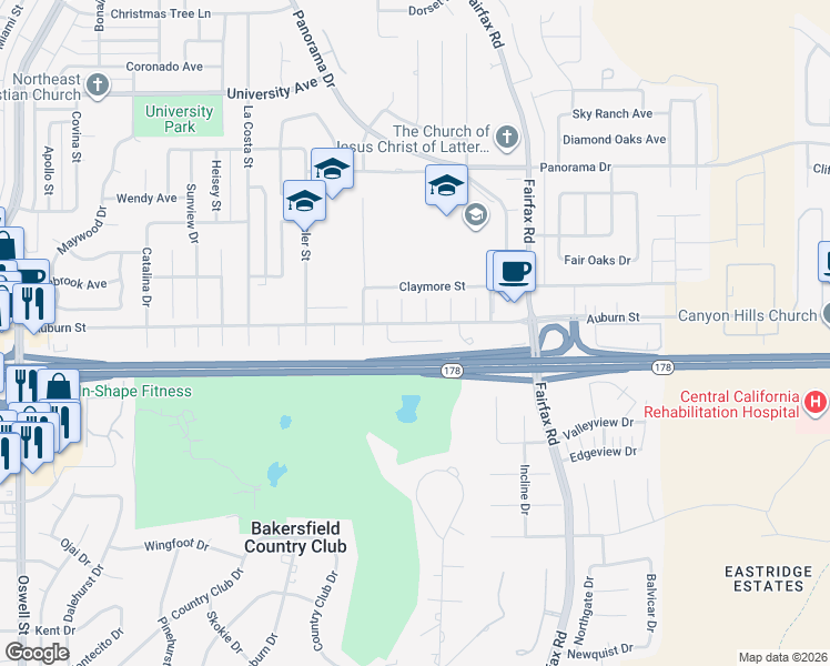 map of restaurants, bars, coffee shops, grocery stores, and more near 5201 Eastridge Court in Bakersfield