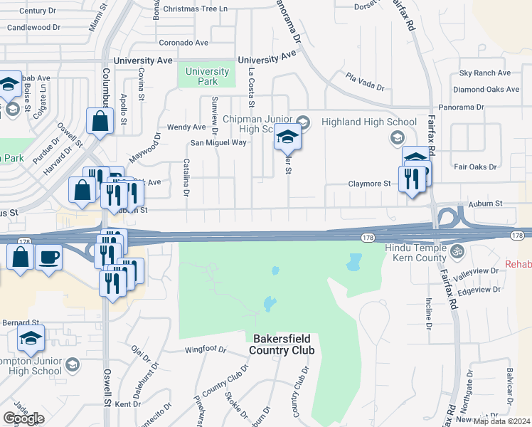 map of restaurants, bars, coffee shops, grocery stores, and more near 2605 Kilcarey Court in Bakersfield