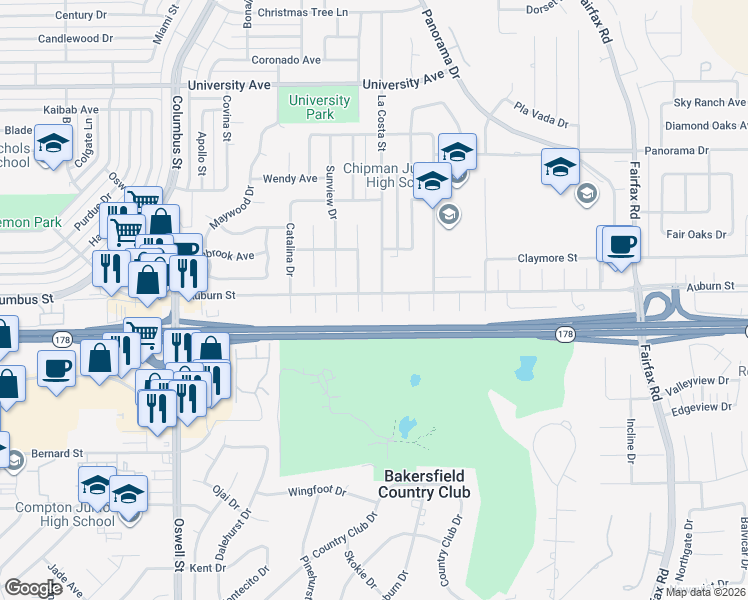 map of restaurants, bars, coffee shops, grocery stores, and more near 2600 La Costa Court in Bakersfield