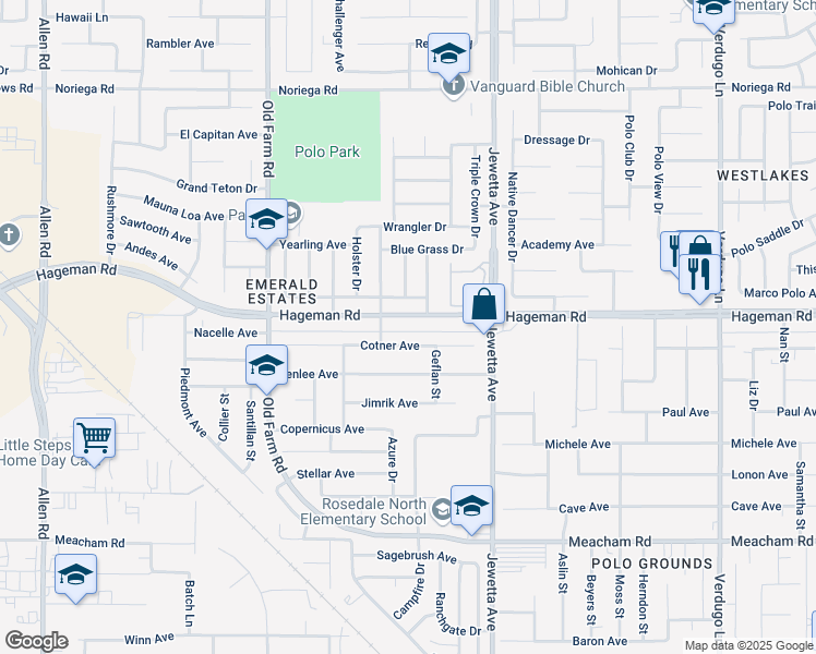 map of restaurants, bars, coffee shops, grocery stores, and more near 11607 Cotner Avenue in Bakersfield