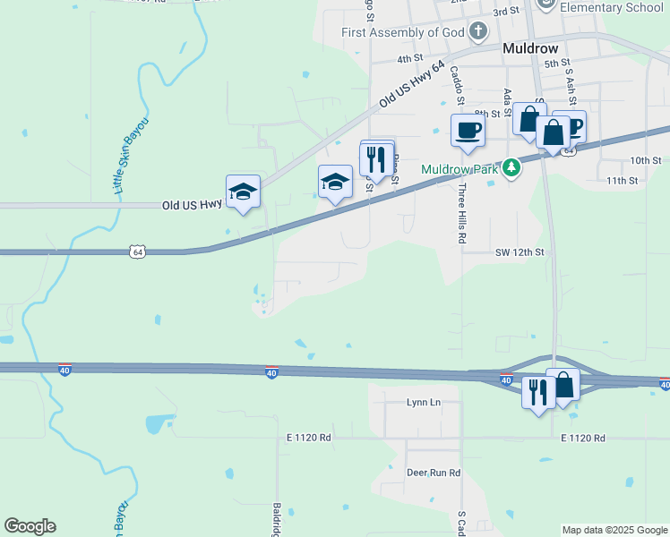 map of restaurants, bars, coffee shops, grocery stores, and more near 702 Varner Drive in Muldrow
