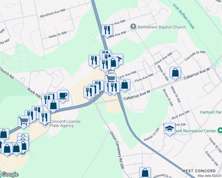 map of restaurants, bars, coffee shops, grocery stores, and more near 734 Cabarrus Avenue West in Concord