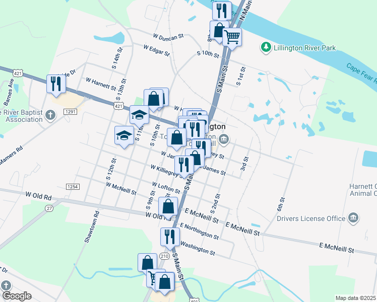 map of restaurants, bars, coffee shops, grocery stores, and more near 905 South 8th Street in Lillington